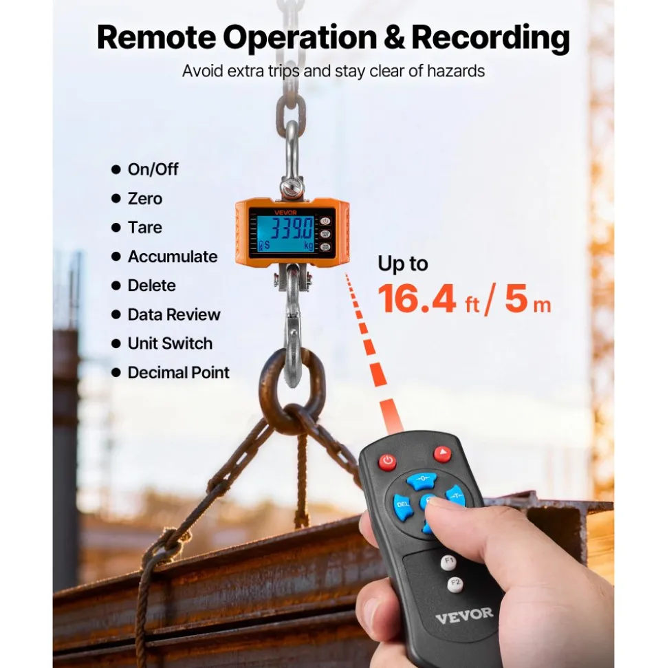 VEVOR Digital Crane Scale, 4400 lbs/2000 kg Max Capacity, Heavy Duty Industrial Hanging Scale with Cast Aluminum Case & LCD Display, 1 lbs Division & 3 Unit Switch, Remote Control for Garage Factory