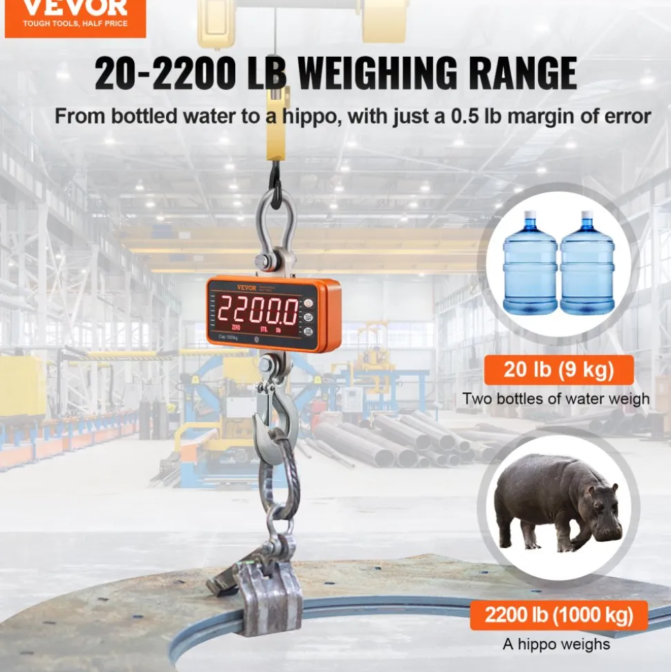 VEVOR Digital Crane Scale, 2200 lbs/1000 kg, Industrial Heavy Duty Hanging Scale with Remote Control, Cast Aluminum Case & LED Screen, High Precision for Construction, Factory, Farm, Hunting (Orange)