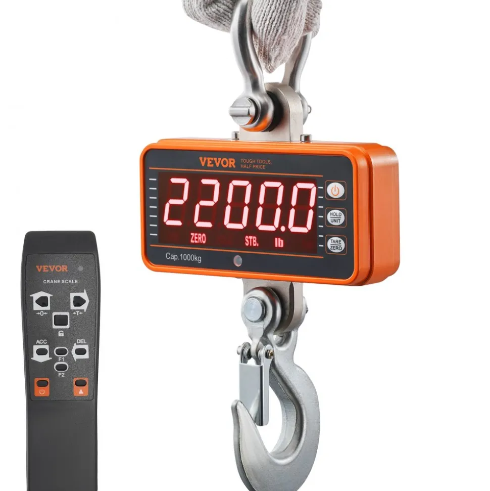 VEVOR Digital Crane Scale, 2200 lbs/1000 kg, Industrial Heavy Duty Hanging Scale with Remote Control, Cast Aluminum Case & LED Screen, High Precision for Construction, Factory, Farm, Hunting (Orange)