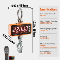 VEVOR Digital Crane Scale, 2200 lbs/1000 kg, Industrial Heavy Duty Hanging Scale with Remote Control, Cast Aluminum Case & LED Screen, High Precision for Construction, Factory, Farm, Hunting (Orange)