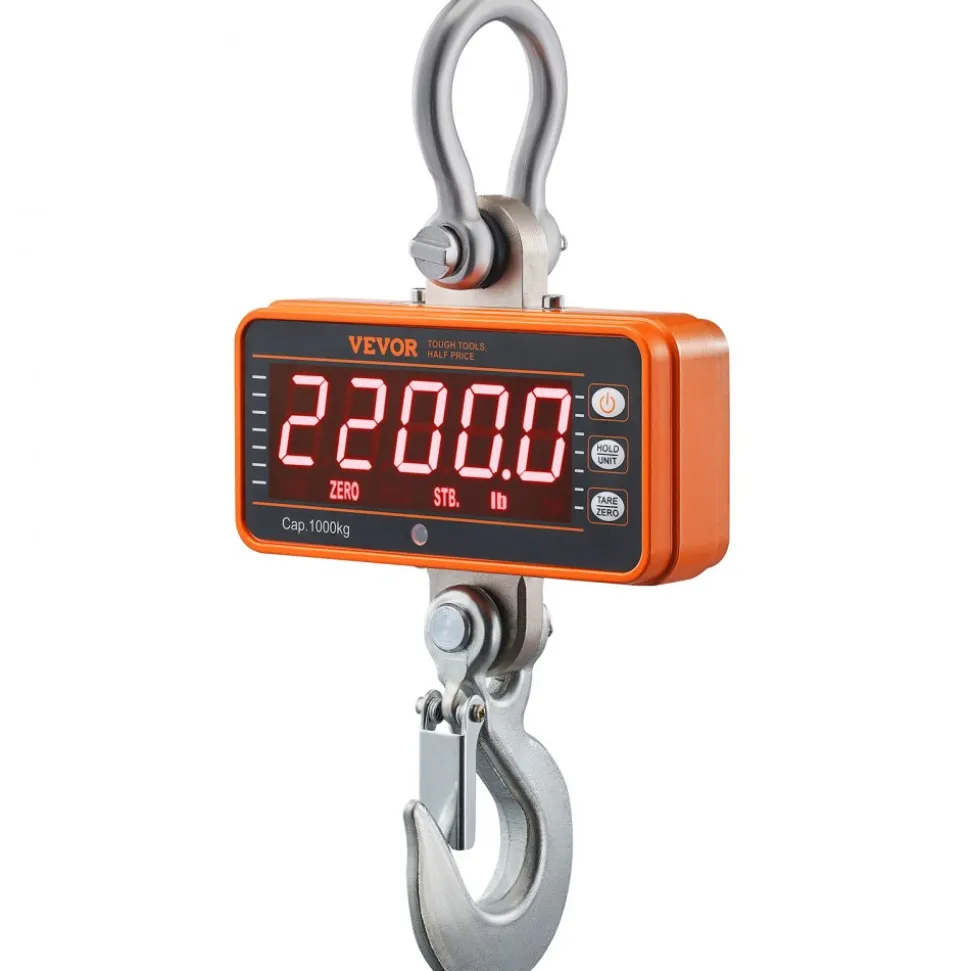 VEVOR Digital Crane Scale, 2200 lbs/1000 kg, Industrial Heavy Duty Hanging Scale with Remote Control, Cast Aluminum Case & LED Screen, High Precision for Construction, Factory, Farm, Hunting (Orange)