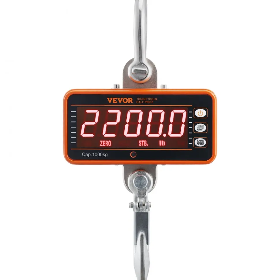 VEVOR Digital Crane Scale, 2200 lbs/1000 kg, Industrial Heavy Duty Hanging Scale with Remote Control, Cast Aluminum Case & LED Screen, High Precision for Construction, Factory, Farm, Hunting (Orange)