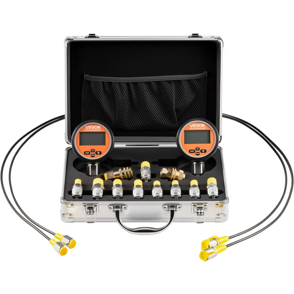 VEVOR Digital Hydraulic Pressure Test Coupling Kit, 10000 PSI Pressure Gauge Manometer Tester with 2 Gauges, 9 Test Couplings, 2 Quick-Release Couplers, 2 Hoses for Excavator Construction Machinery