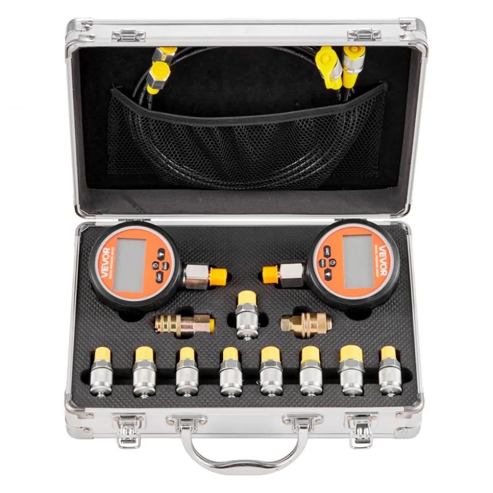 VEVOR Digital Hydraulic Pressure Test Coupling Kit, 10000 PSI Pressure Gauge Manometer Tester with 2 Gauges, 9 Test Couplings, 2 Quick-Release Couplers, 2 Hoses for Excavator Construction Machinery