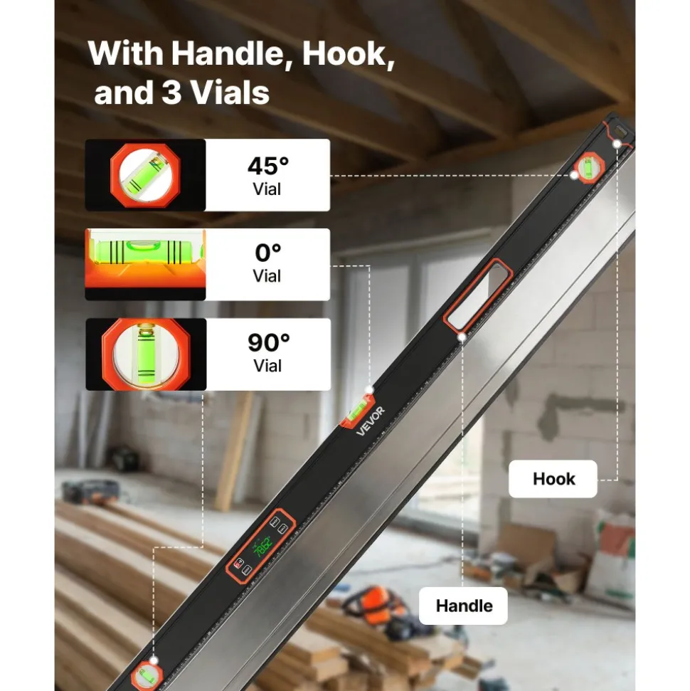 VEVOR Digital Level, 48 in Length, Magnetic Electronic Level with LED Backlit Display, 360° Electronic Leveler Tool with 0°/45°/90° Bubble Vials, IP54 Rating for Construction Carpentry Home Renovation