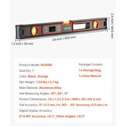 VEVOR Digital Level, 24 in Length, Magnetic Electronic Level with LED Backlit Display, 360° Electronic Leveler Tool with 0°/45°/90° Bubble Vials, IP54 Rating for Construction Carpentry Home Renovation