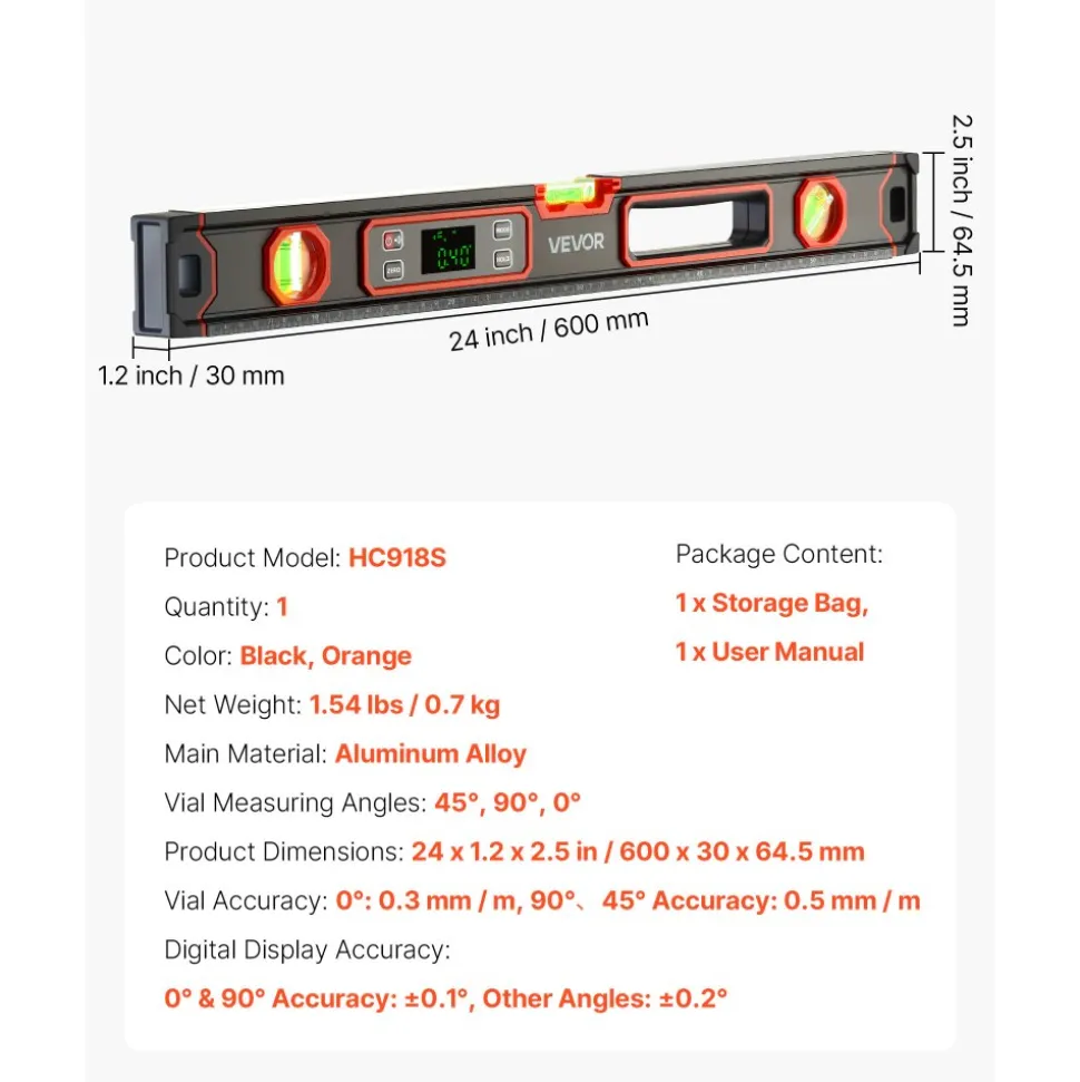 VEVOR Digital Level, 24 in Length, Magnetic Electronic Level with LED Backlit Display, 360° Electronic Leveler Tool with 0°/45°/90° Bubble Vials, IP54 Rating for Construction Carpentry Home Renovation