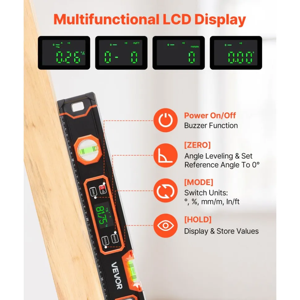 VEVOR Digital Level, 24 in Length, Magnetic Electronic Level with LED Backlit Display, 360° Electronic Leveler Tool with 0°/45°/90° Bubble Vials, IP54 Rating for Construction Carpentry Home Renovation