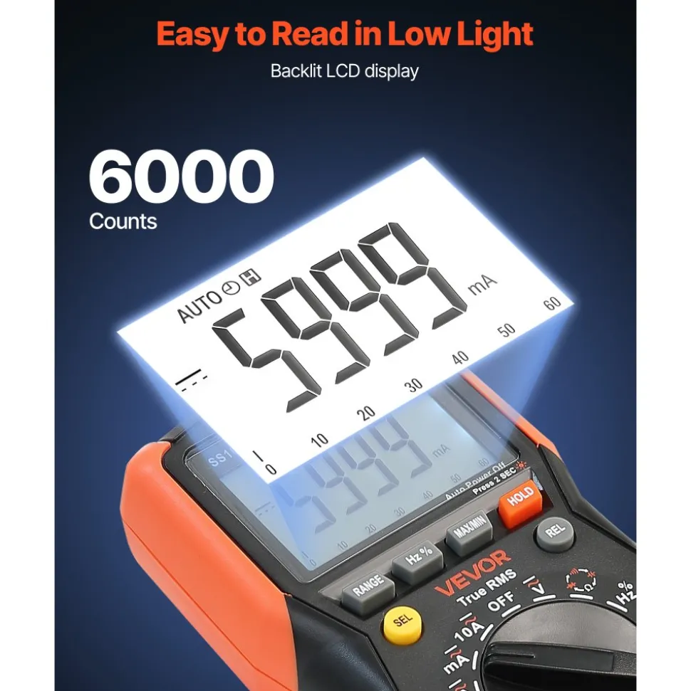 VEVOR Digital Multimeter, 6000-Count TRMS DC/AC Voltmeter Current Tester, Auto-Ranging Multimeter for Current Voltage Resistance Capacitance Temperature Diodes Continuity Low Impedance Measurment
