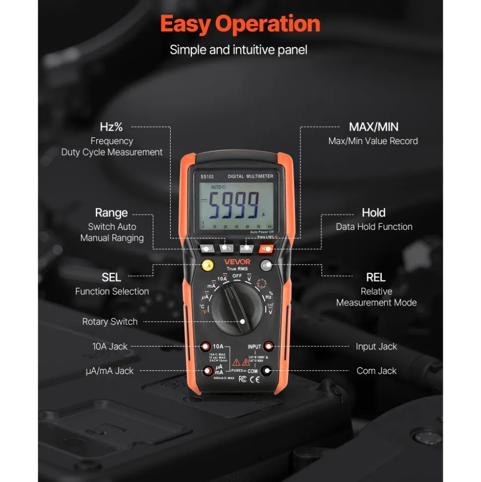 VEVOR Digital Multimeter, 6000-Count TRMS DC/AC Voltmeter Current Tester, Auto-Ranging Multimeter for Current Voltage Resistance Capacitance Temperature Diodes Continuity Low Impedance Measurment