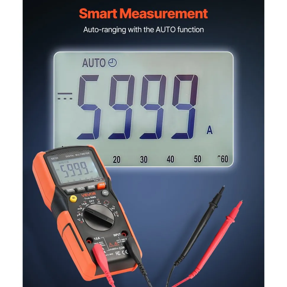 VEVOR Digital Multimeter, 6000-Count TRMS DC/AC Voltmeter Current Tester, Auto-Ranging Multimeter for Current Voltage Resistance Capacitance Temperature Diodes Continuity Low Impedance Measurment