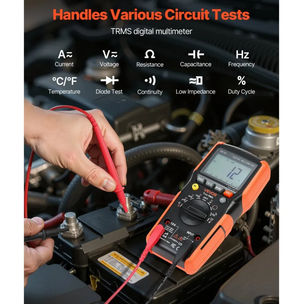 VEVOR Digital Multimeter, 6000-Count TRMS DC/AC Voltmeter Current Tester, Auto-Ranging Multimeter for Current Voltage Resistance Capacitance Temperature Diodes Continuity Low Impedance Measurment