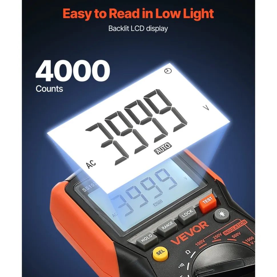 VEVOR Digital Multimeter, 4000-Count TRMS Voltmeter Ohmmeter, 1000V AC/DC Voltage Tester with Switchable Auto/Manual Range for Voltage, Resistance, and Continuity Measurment