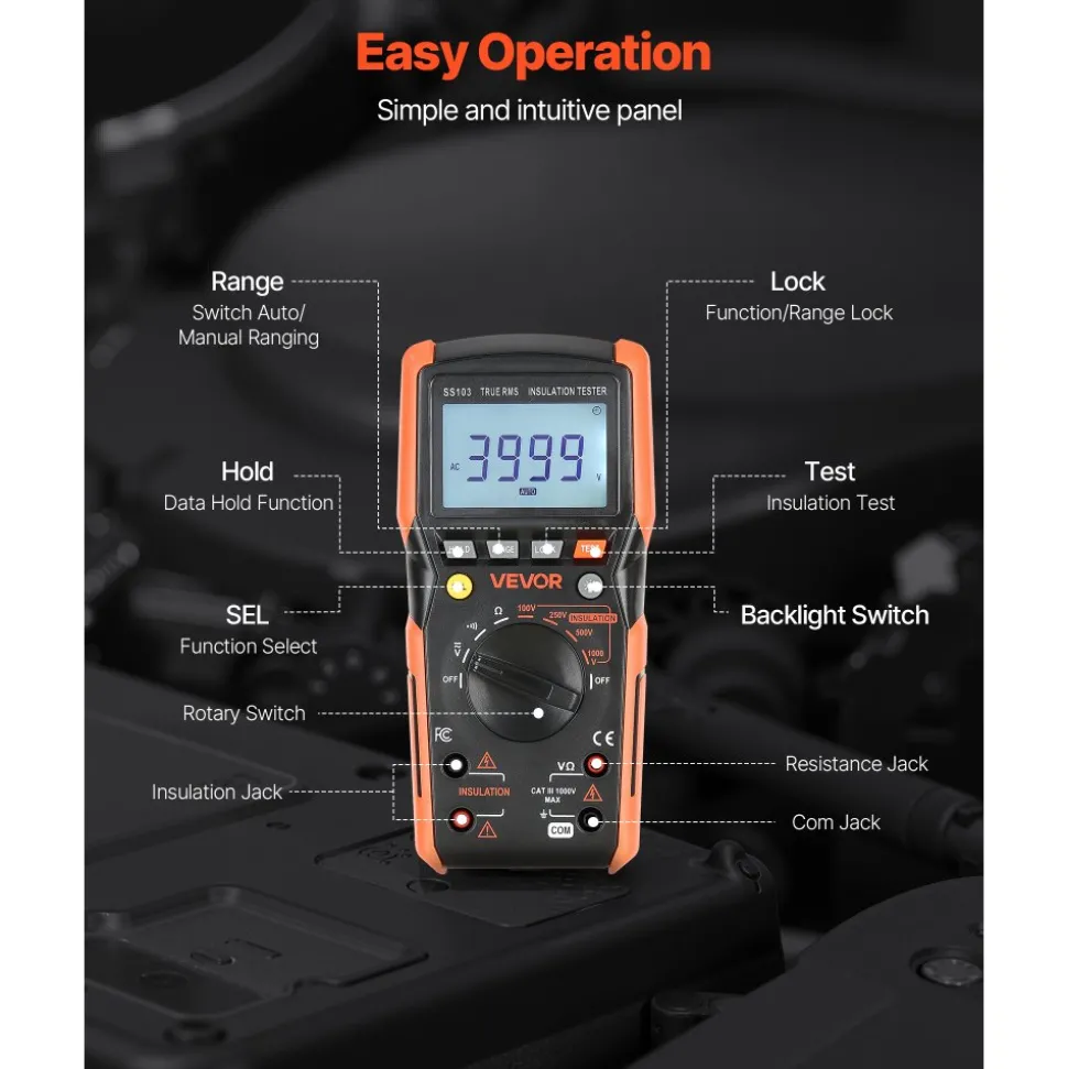 VEVOR Digital Multimeter, 4000-Count TRMS Voltmeter Ohmmeter, 1000V AC/DC Voltage Tester with Switchable Auto/Manual Range for Voltage, Resistance, and Continuity Measurment