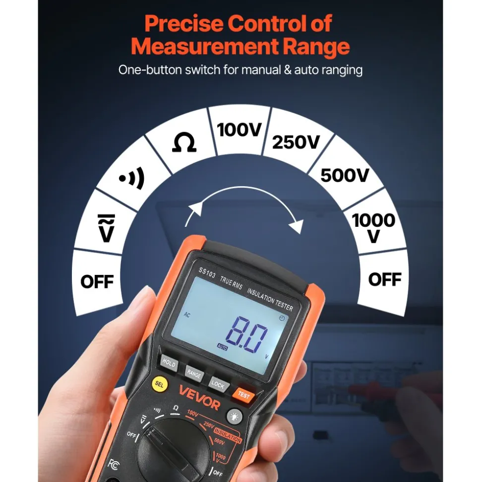 VEVOR Digital Multimeter, 4000-Count TRMS Voltmeter Ohmmeter, 1000V AC/DC Voltage Tester with Switchable Auto/Manual Range for Voltage, Resistance, and Continuity Measurment