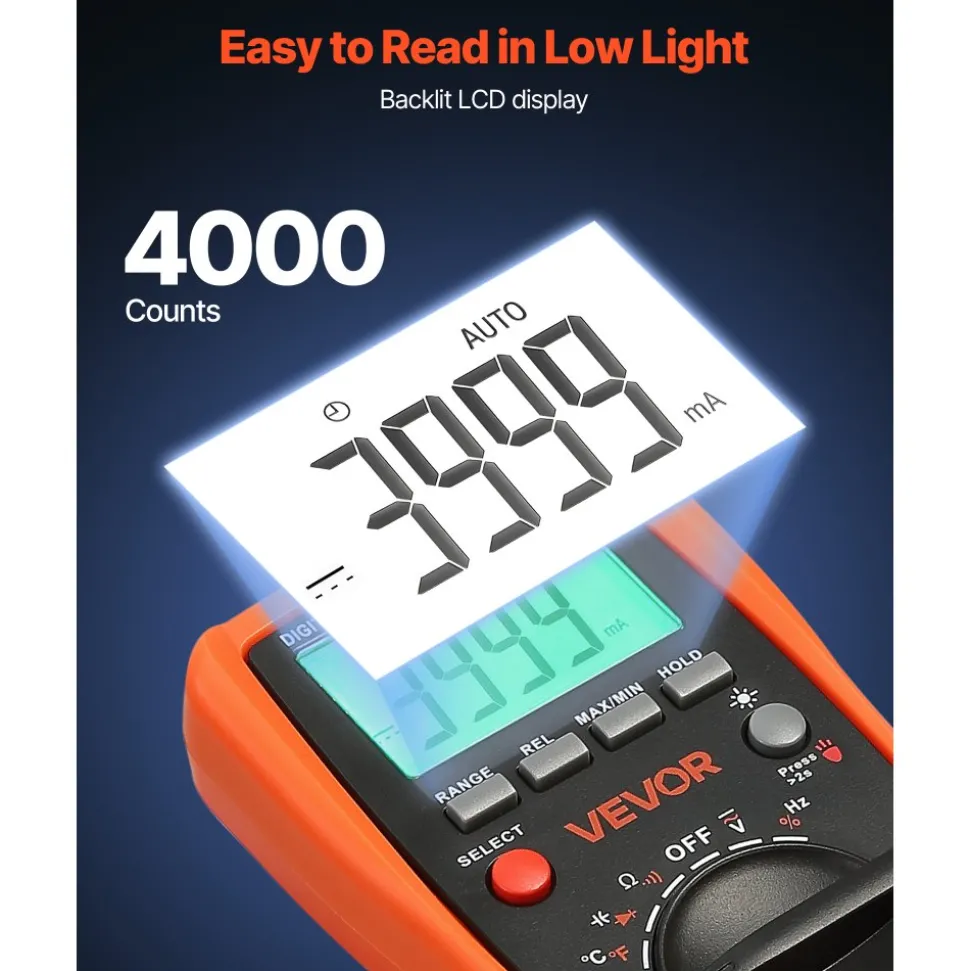 VEVOR Digital Multimeter, 4000-Count TRMS DC/AC Voltmeter Current Tester, Auto-Ranging Multimeter for Current Voltage Resistance Capacitance Temperature Diodes Continuity Duty-Cycle Measurments