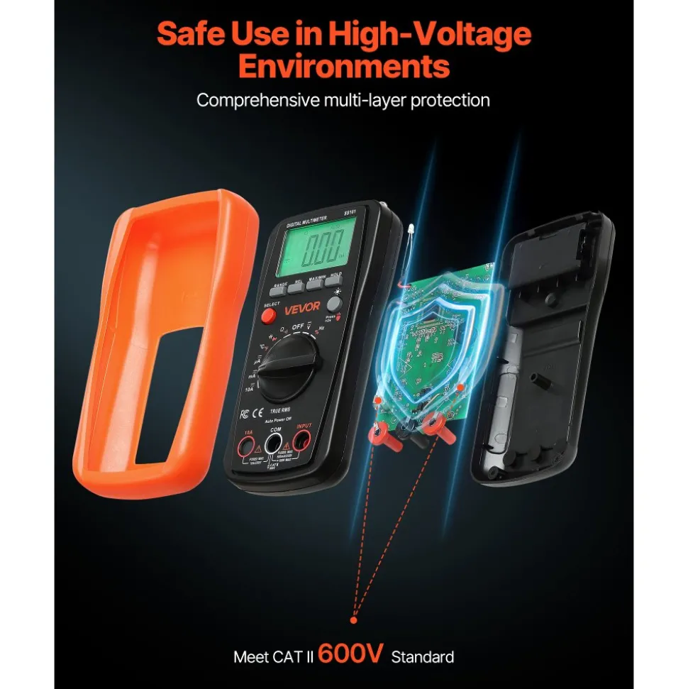 VEVOR Digital Multimeter, 4000-Count TRMS DC/AC Voltmeter Current Tester, Auto-Ranging Multimeter for Current Voltage Resistance Capacitance Temperature Diodes Continuity Duty-Cycle Measurments