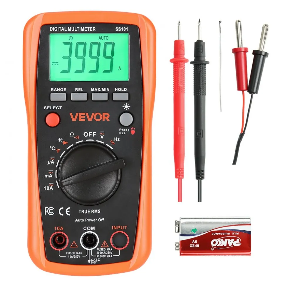 VEVOR Digital Multimeter, 4000-Count TRMS DC/AC Voltmeter Current Tester, Auto-Ranging Multimeter for Current Voltage Resistance Capacitance Temperature Diodes Continuity Duty-Cycle Measurments