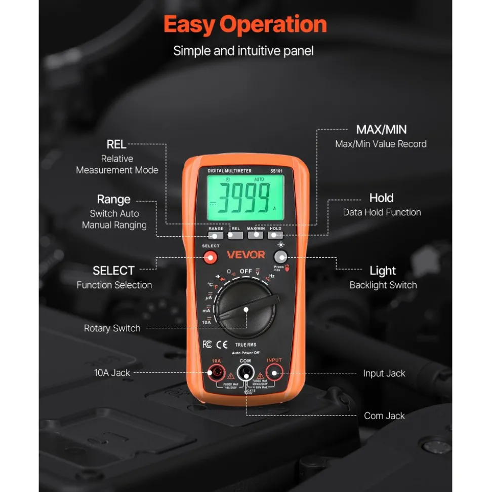 VEVOR Digital Multimeter, 4000-Count TRMS DC/AC Voltmeter Current Tester, Auto-Ranging Multimeter for Current Voltage Resistance Capacitance Temperature Diodes Continuity Duty-Cycle Measurments