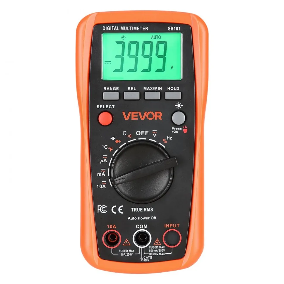 VEVOR Digital Multimeter, 4000-Count TRMS DC/AC Voltmeter Current Tester, Auto-Ranging Multimeter for Current Voltage Resistance Capacitance Temperature Diodes Continuity Duty-Cycle Measurments
