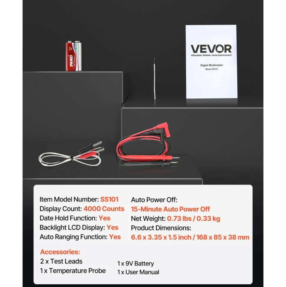 VEVOR Digital Multimeter, 4000-Count TRMS DC/AC Voltmeter Current Tester, Auto-Ranging Multimeter for Current Voltage Resistance Capacitance Temperature Diodes Continuity Duty-Cycle Measurments