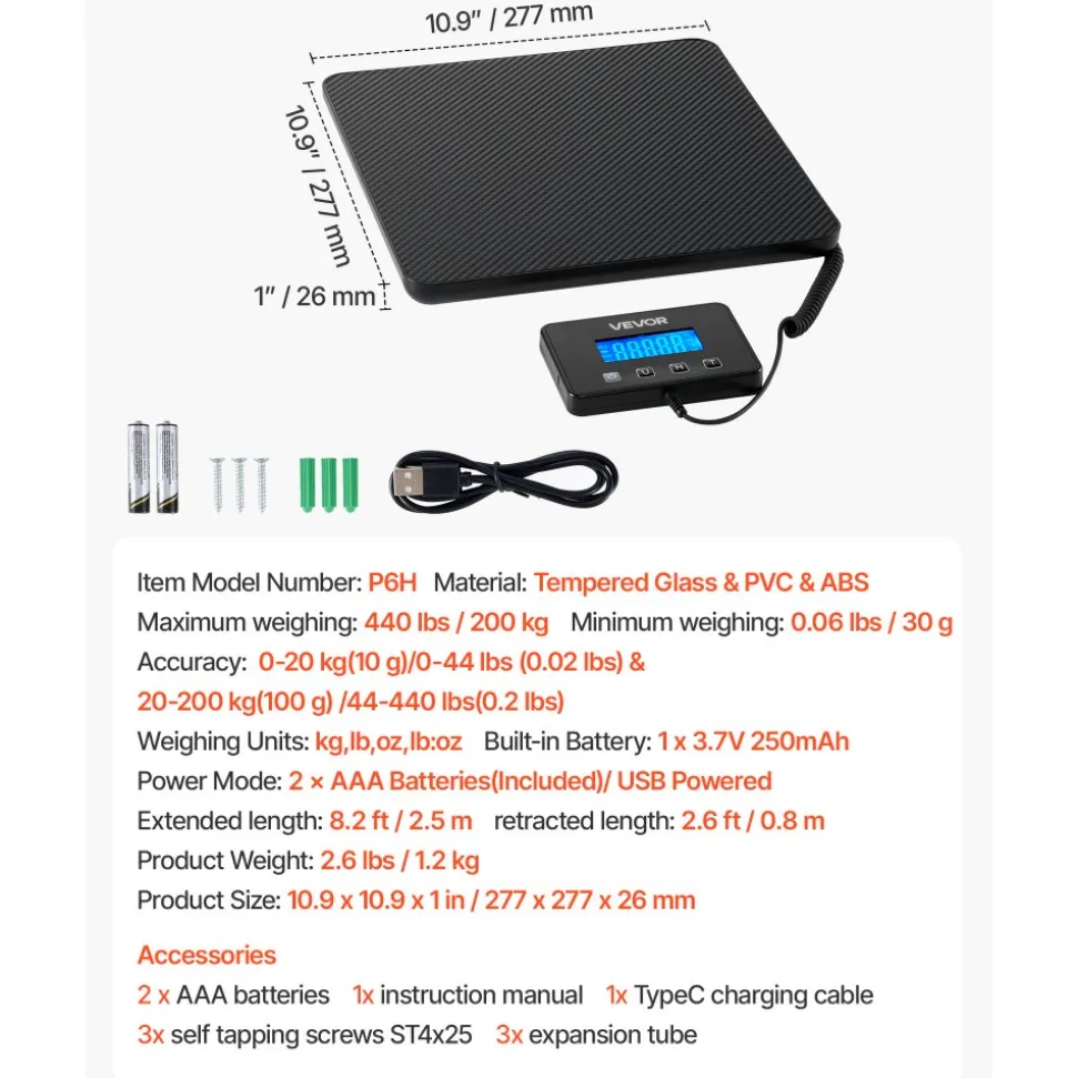 VEVOR Digital Postal Scale, 0.35 oz/3.5 oz Dual Accuracy, 440 lbs Commercial Weight Scale with Hold/Tare Function & LCD Display, Fit for Packages, Postage, Luggage, Battery & Charging Cable Included