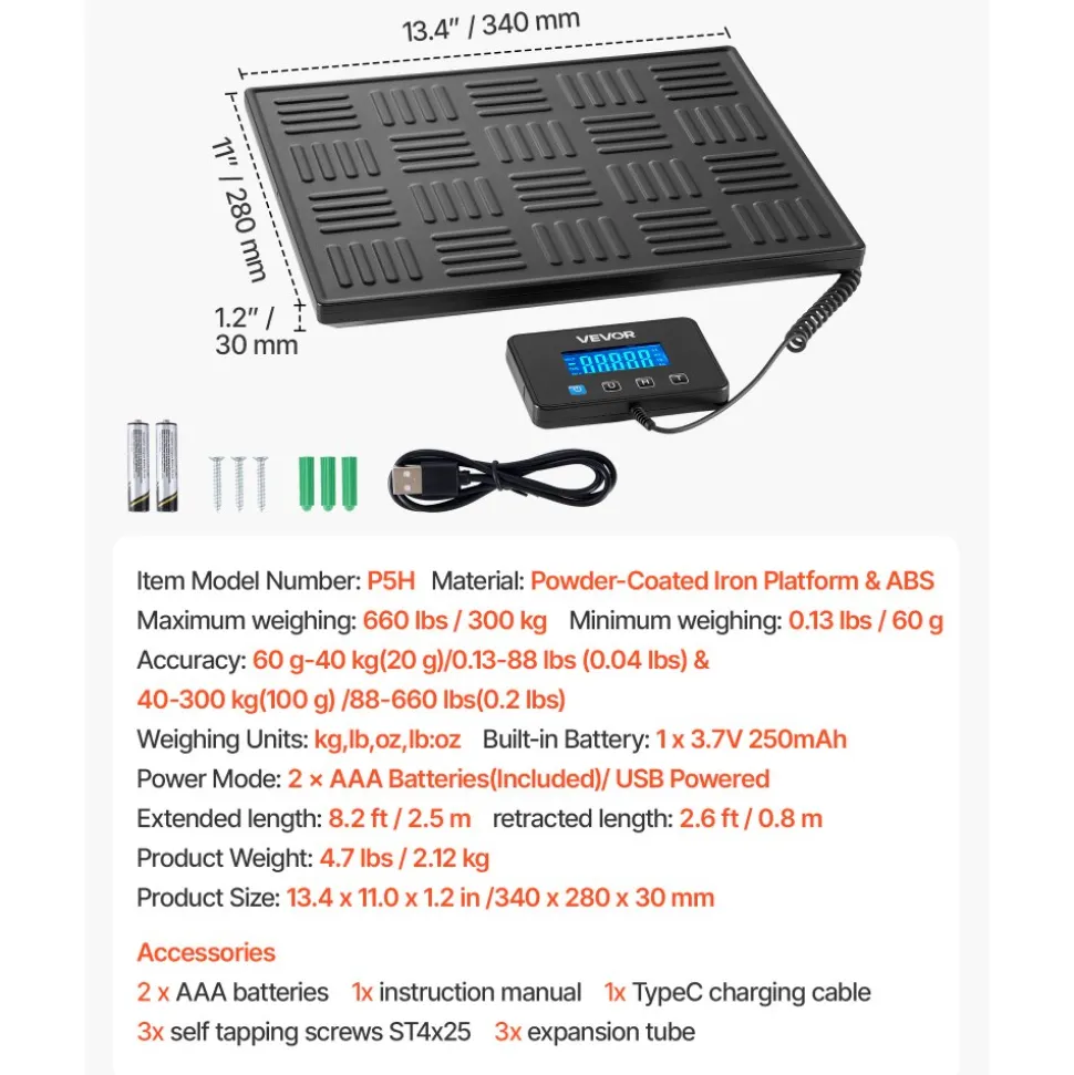 VEVOR Digital Postal Scale, 0.7 oz/3.5 oz Dual Accuracy, 660 lbs Commercial Weight Scale with Hold/Tare Function & LCD Display, Fit for Packages, Postage, Luggage, Battery & Charging Cable Included