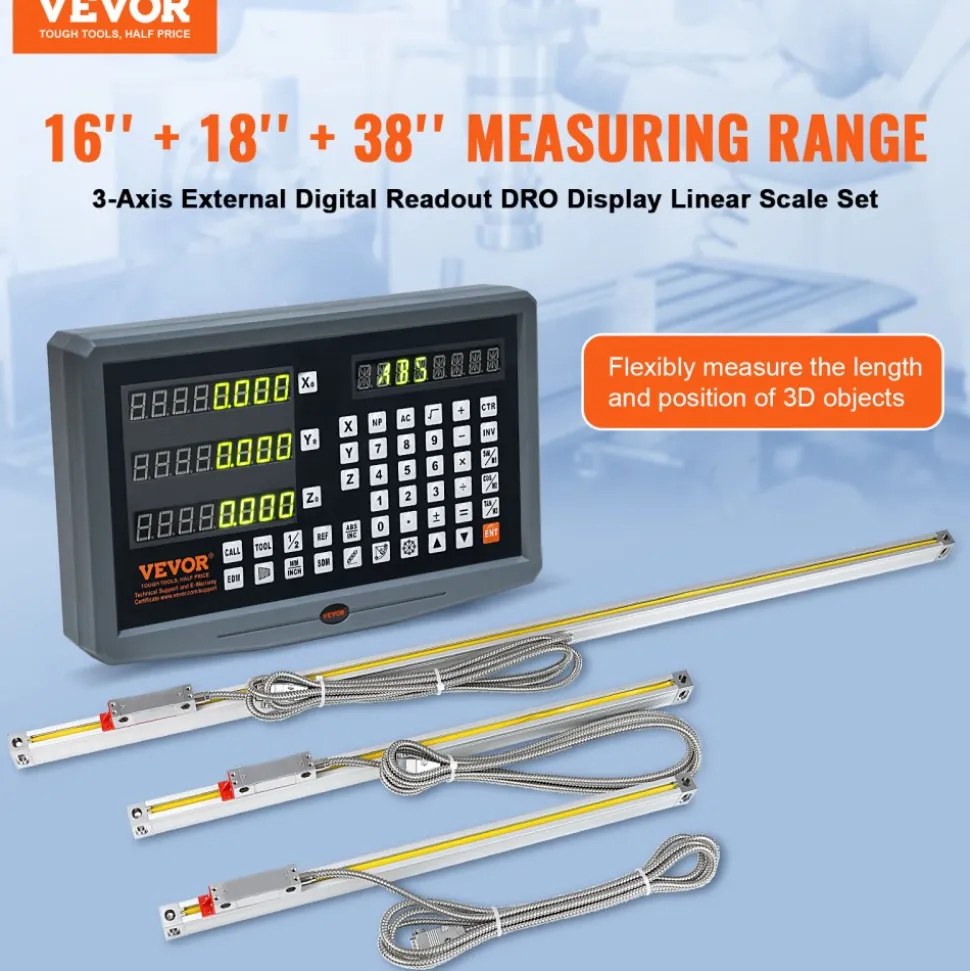 VEVOR Digital Readout 16 inch & 18 inch & 38 inch Linear Scale 3 Axis DRO Display Kit Multifunctional Crystal-Clear Display Precision 5μm Read Head