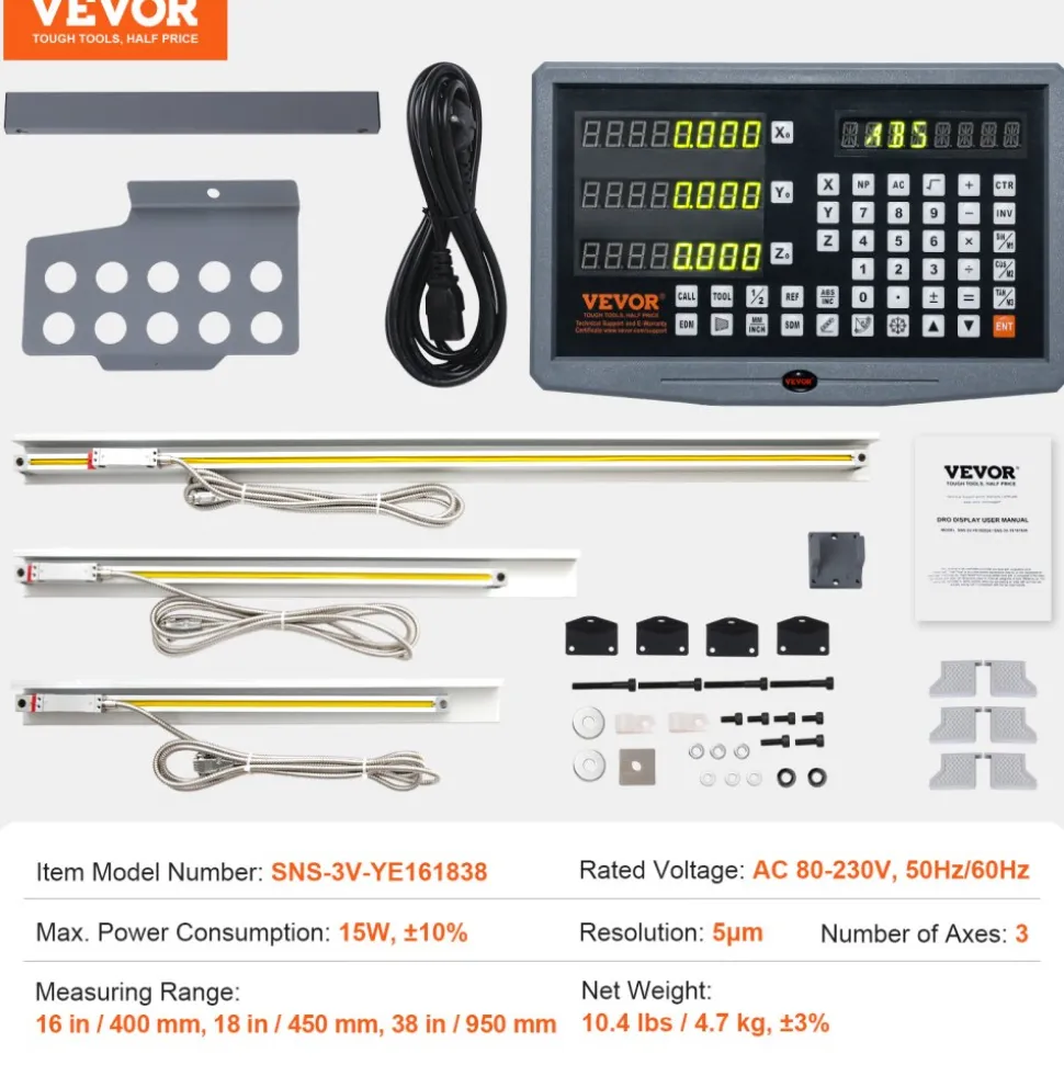 VEVOR Digital Readout 16 inch & 18 inch & 38 inch Linear Scale 3 Axis DRO Display Kit Multifunctional Crystal-Clear Display Precision 5μm Read Head