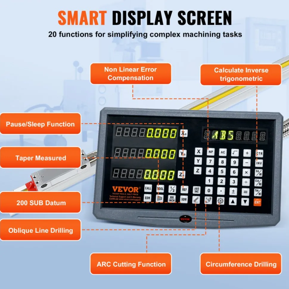 VEVOR Digital Readout 16 inch & 18 inch & 38 inch Linear Scale 3 Axis DRO Display Kit Multifunctional Crystal-Clear Display Precision 5μm Read Head