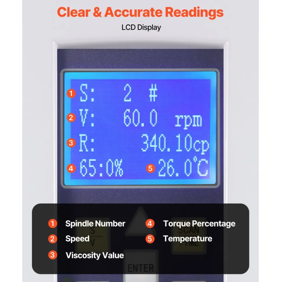 VEVOR Digital Rotary Viscometer, 10-2,000,000 mPa.s(cP), ±2% Accuracy, 100-240V Digital Rotational Viscosity Meter with 4 Rotors and Temperature Probe, LCD Display, Lab Viscometer for Fluid Testing