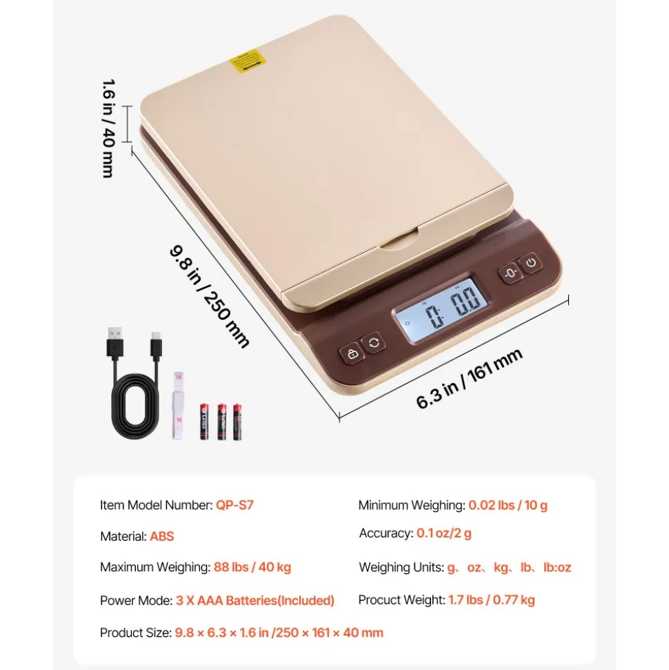 VEVOR Digital Shipping Postal Scale, 0.1 oz High Accuracy, 88 lbs Postal Scale with Hold/Tare/Auto-off Function, Flip Holder Design & Easy Calibration, Fit for Home and Office Use, Battery Included