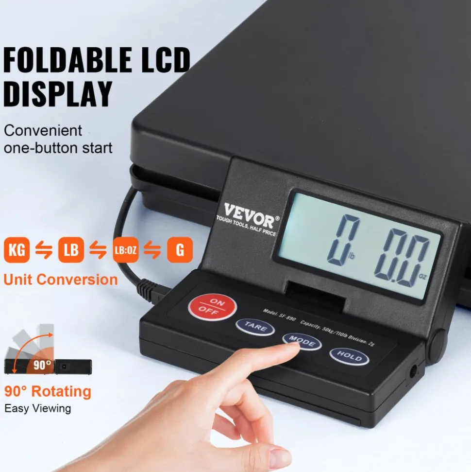 VEVOR Digital Shipping Scale, 110 lbs x 0.07 oz. Heavy Duty Postal Scale with Timer, Tare, Hold Function, 90° Foldable LCD Screen Package Scale for Laggage, Home, Post Office, AC/DC Powered, FCC Liste