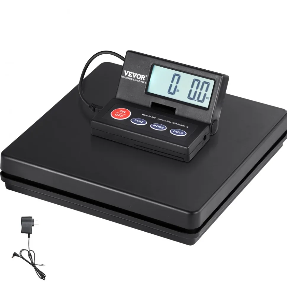 VEVOR Digital Shipping Scale, 110 lbs x 0.07 oz. Heavy Duty Postal Scale with Timer, Tare, Hold Function, 90° Foldable LCD Screen Package Scale for Laggage, Home, Post Office, AC/DC Powered, FCC Liste