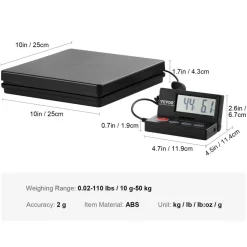 VEVOR Digital Shipping Scale, 110 lbs x 0.07 oz. Heavy Duty Postal Scale with Timer, Tare, Hold Function, 90° Foldable LCD Screen Package Scale for Laggage, Home, Post Office, AC/DC Powered, FCC Liste
