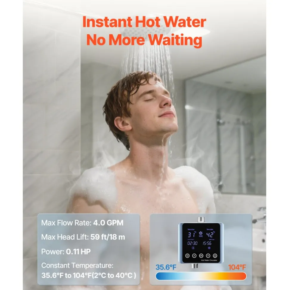 VEVOR Digital Smart Instant Hot Water Recirculating Pump Kit, with Built-in Thermostat, Timer, Digital Screen, Under Sink Recirculation Circulation Circulator Pump System, for House Water Heaters