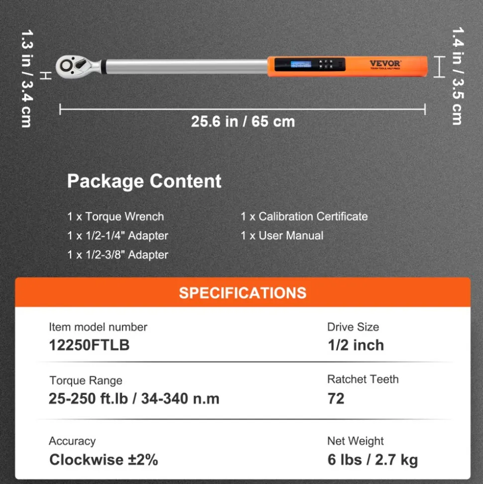 VEVOR Digital Torque Wrench, 1/2" Drive Electronic Torque Wrench, Torque Wrench Kit 25-250ft.lb/34-340n.m Torque Range Accurate to ±2%, 3-Mode Adjustable Torque Wrench Set with LED Buzzer Calibration