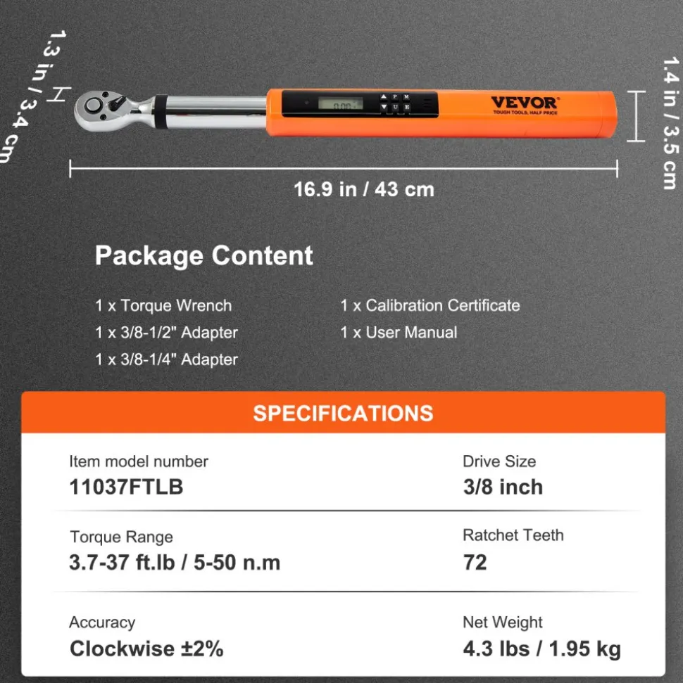 VEVOR Digital Torque Wrench, 3.7-37ft.lb/5-50n.m 3/8" Drive Electronic Torque Wrench, Torque Wrench Kit Torque Range Accurate to ±2%, 3-Mode Adjustable Torque Wrench Set with LED Buzzer Calibration
