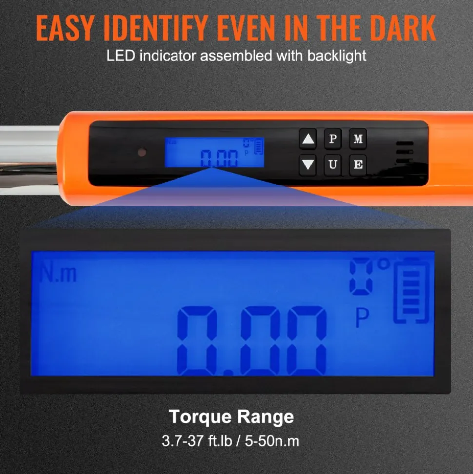 VEVOR Digital Torque Wrench, 3.7-37ft.lb/5-50n.m 3/8" Drive Electronic Torque Wrench, Torque Wrench Kit Torque Range Accurate to ±2%, 3-Mode Adjustable Torque Wrench Set with LED Buzzer Calibration