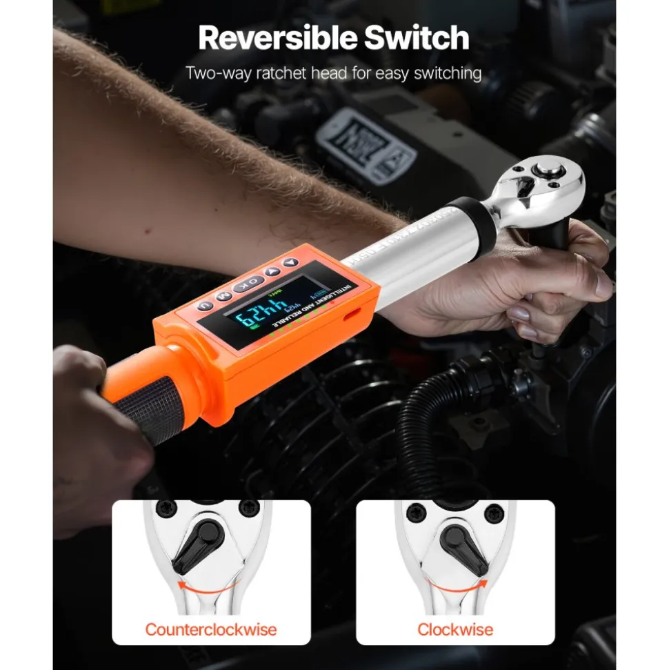 VEVOR Digital Torque Wrench, 3/8 Inch Drive, 0-99.57 lbf-ft / 0-135 N.m, 72-Tooth, ±2% High Accuracy Electronic Torque Wrench with Preset Value, Buzzer and LED Notification, for Automotive Motorcycle