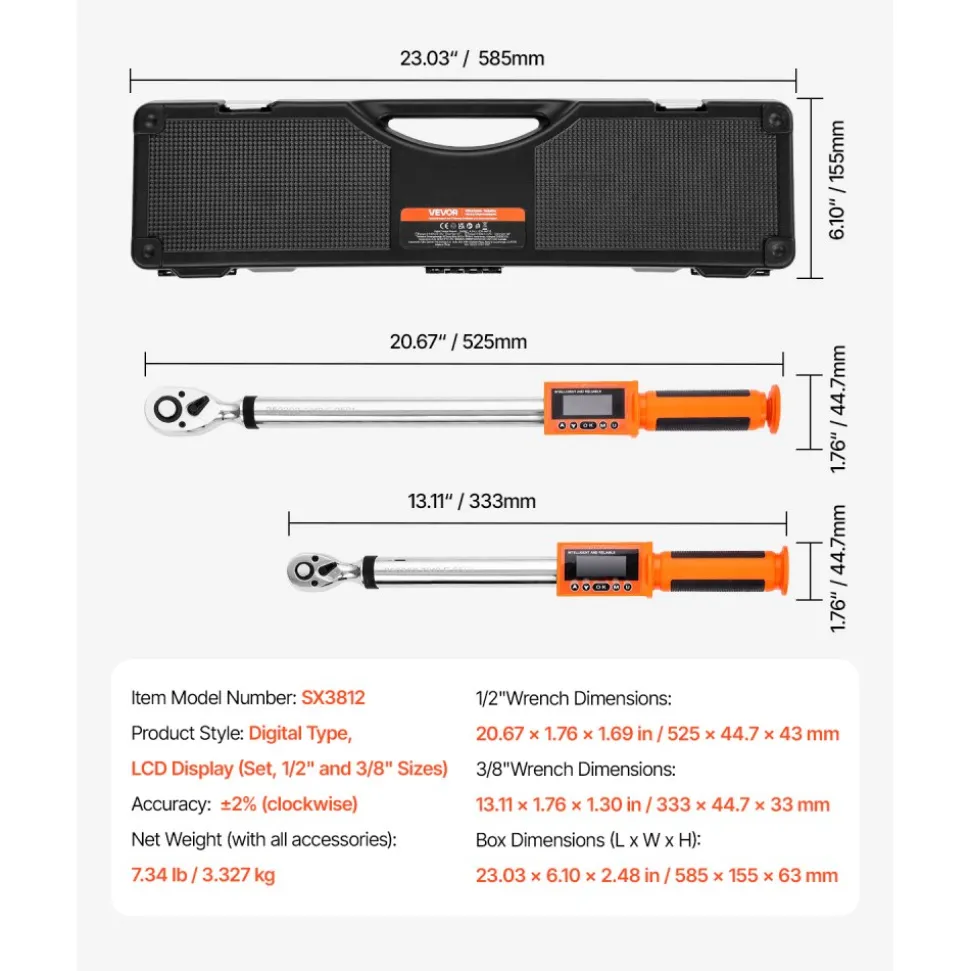 VEVOR Digital Torque Wrench Set, 2 Pieces, 1/2, 3/8 Inch Drive, 72-Tooth, ±2% High Accuracy Electronic Torque Wrench with Preset Value, Buzzer and LED Notification, for Automotive Motorcycle