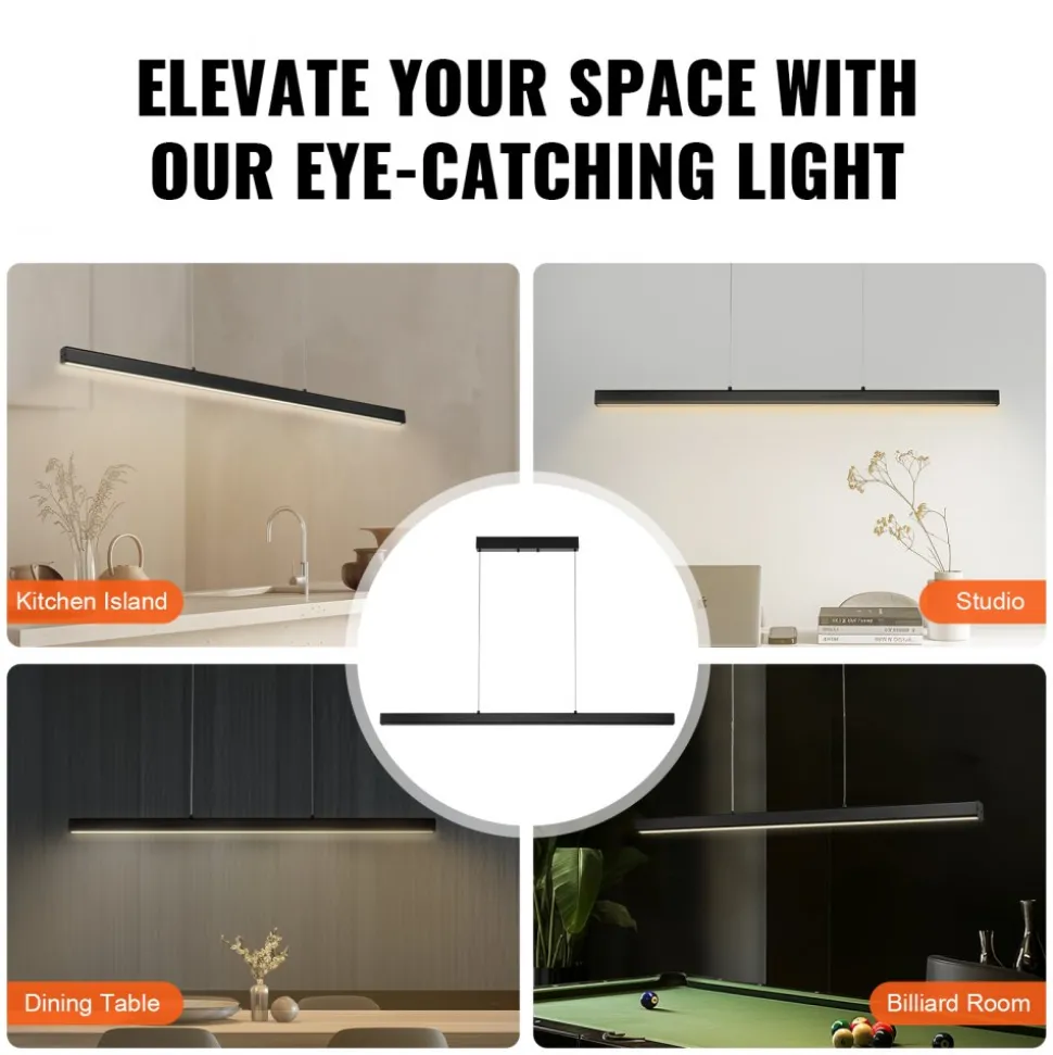 VEVOR Dimmable Linear Pendant Light, 20W, 47 in LED Linear Light Fixture Chandelier with Acrylic Lampshade 3000K / 4000K / 6500K Color Temperature Adjustable Height, for Dining Room Kitchen Island