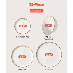 VEVOR Dinnerware Set, Service for 8 (32 PCS), Round Plates and Bowls Sets, Scratch Resistant Ceramic Dinner Ware, Dishwasher and Microwave Suitable Kitchen Dish, for Dessert Salad Soup Pasta, White