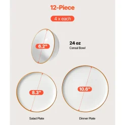 VEVOR Dinnerware Set, Service for 4 (12 PCS), Round Plates and Bowls Sets, Scratch Resistant Ceramic Dinner Ware, Dishwasher and Microwave Suitable Kitchen Dish, for Dessert Salad Soup Pasta, White