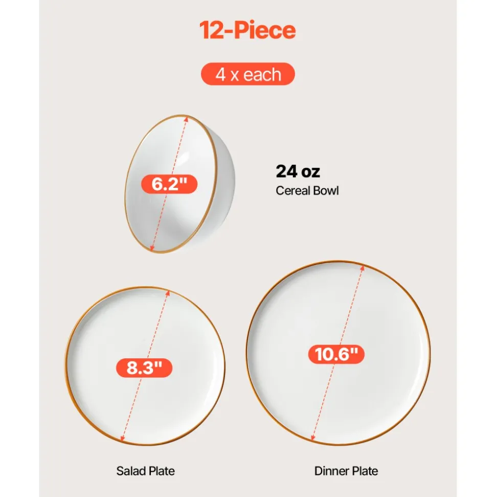 VEVOR Dinnerware Set, Service for 4 (12 PCS), Round Plates and Bowls Sets, Scratch Resistant Ceramic Dinner Ware, Dishwasher and Microwave Suitable Kitchen Dish, for Dessert Salad Soup Pasta, White