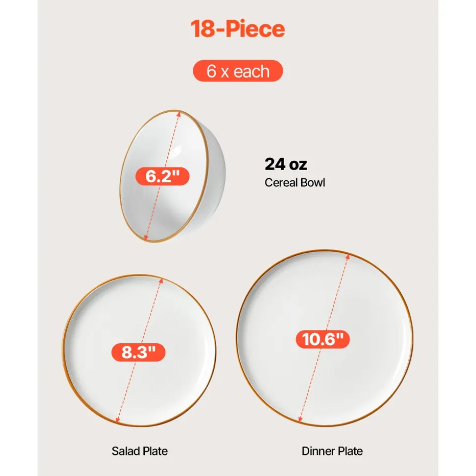VEVOR Dinnerware Set, Service for 6 (18 PCS), Round Plates and Bowls Sets, Scratch Resistant Ceramic Dinner Ware, Dishwasher and Microwave Suitable Kitchen Dish, for Dessert Salad Soup Pasta, White