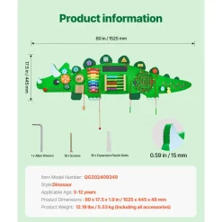 VEVOR Dinosaur Activity Wall Busy Board Panels, 11 Activities, Montessori Sensory Wall Toy for Kids 3-12 Years, Montessori Learning Activity Center, Ideal for Toddler Playroom Nursery Classroom