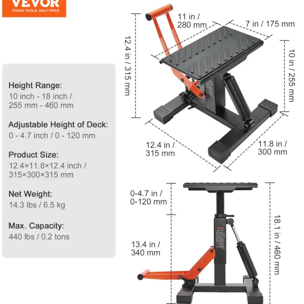VEVOR Dirt Bike Lift Stand, Motorcycle Jack Lift Stand 440 lbs Capacity and Hydraulic Lift Operation, Adjustable Height Hoist Table, for Dirt Pit Bike Repair, Maintenance, Dirt Bike Accessories