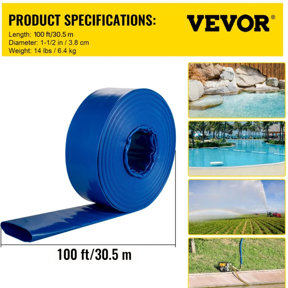 VEVOR Discharge Hose, 1-1/2" x 100', PVC Fabric Lay Flat Hose, Heavy Duty Backwash Drain Hose with Clamps, Weather-proof & Burst-proof, Ideal for Swimming Pool & Water Transfer, Blue