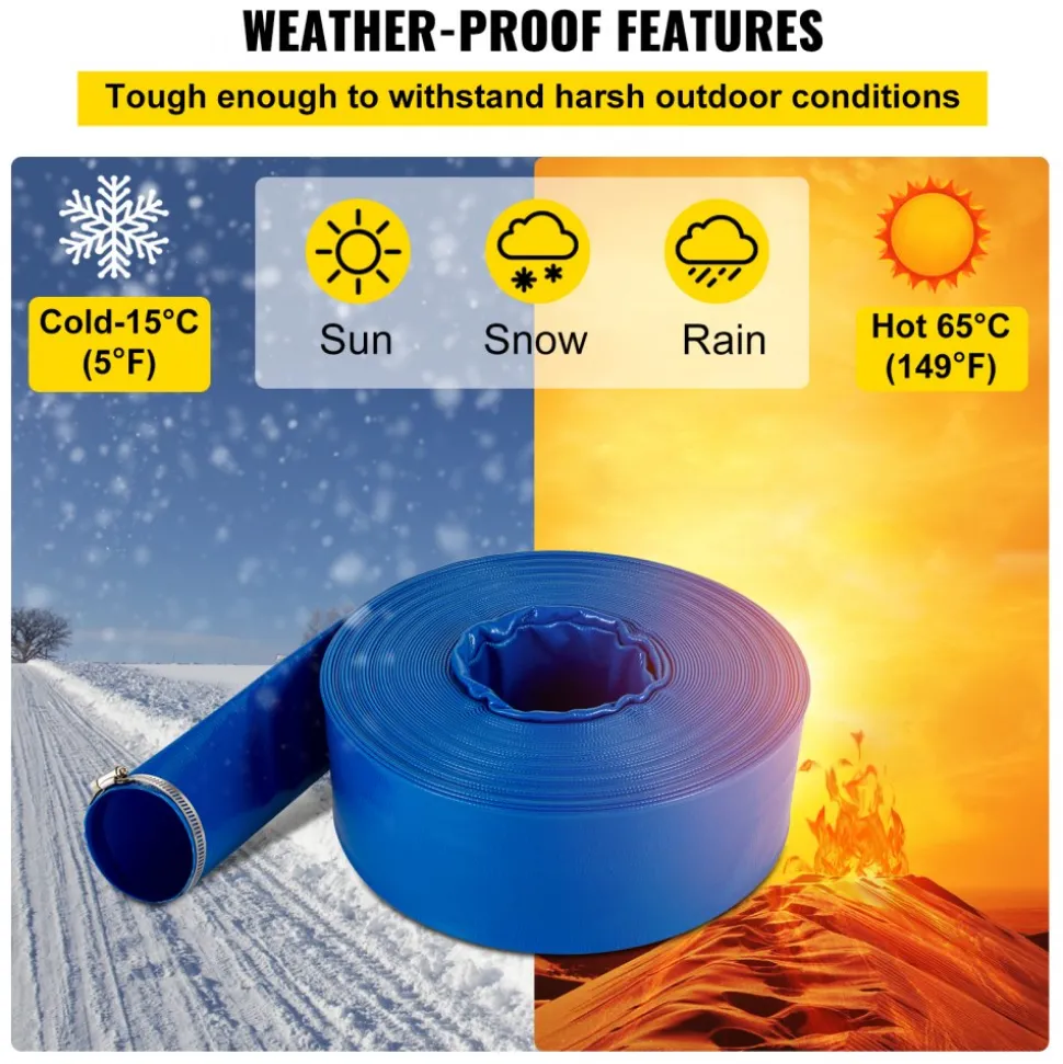VEVOR Discharge Hose, 1-1/2" x 100', PVC Fabric Lay Flat Hose, Heavy Duty Backwash Drain Hose with Clamps, Weather-proof & Burst-proof, Ideal for Swimming Pool & Water Transfer, Blue